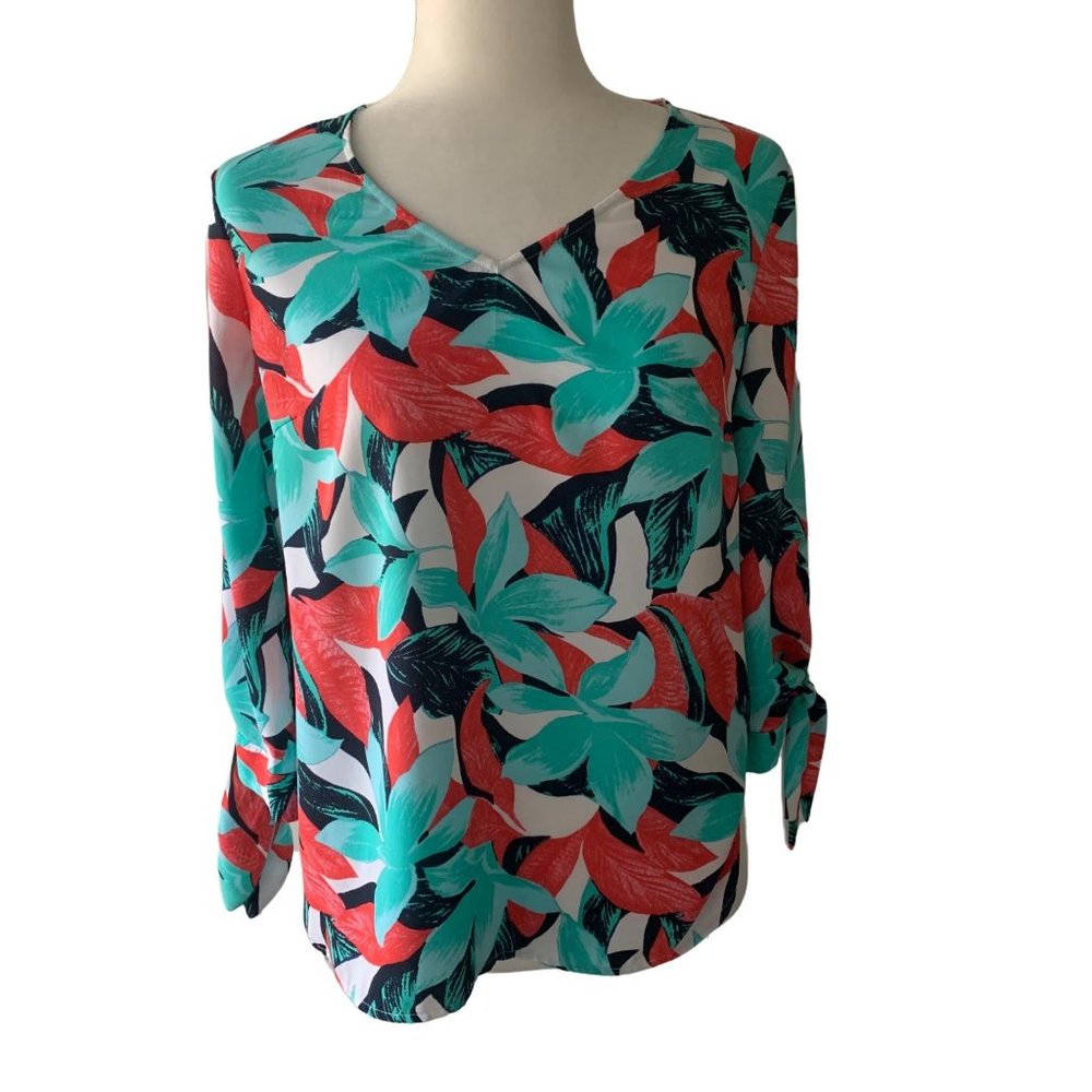 Talbots Tunic Blouse Top Women's Tropical Print Long Sleeve Size SP